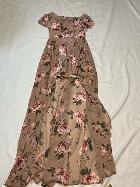 Off-Shoulder Floral Maxi Dress in Taupe with Pink Roses